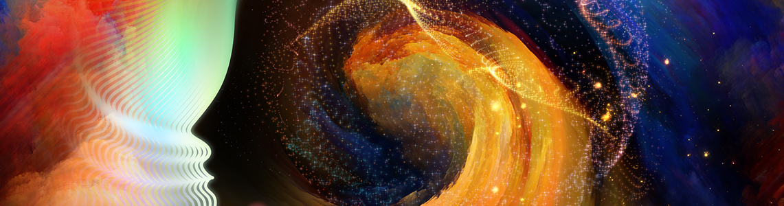 An outline of a human face surrounded by swirls of colour